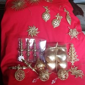 Gold Christmas ornaments various shapes and sizes